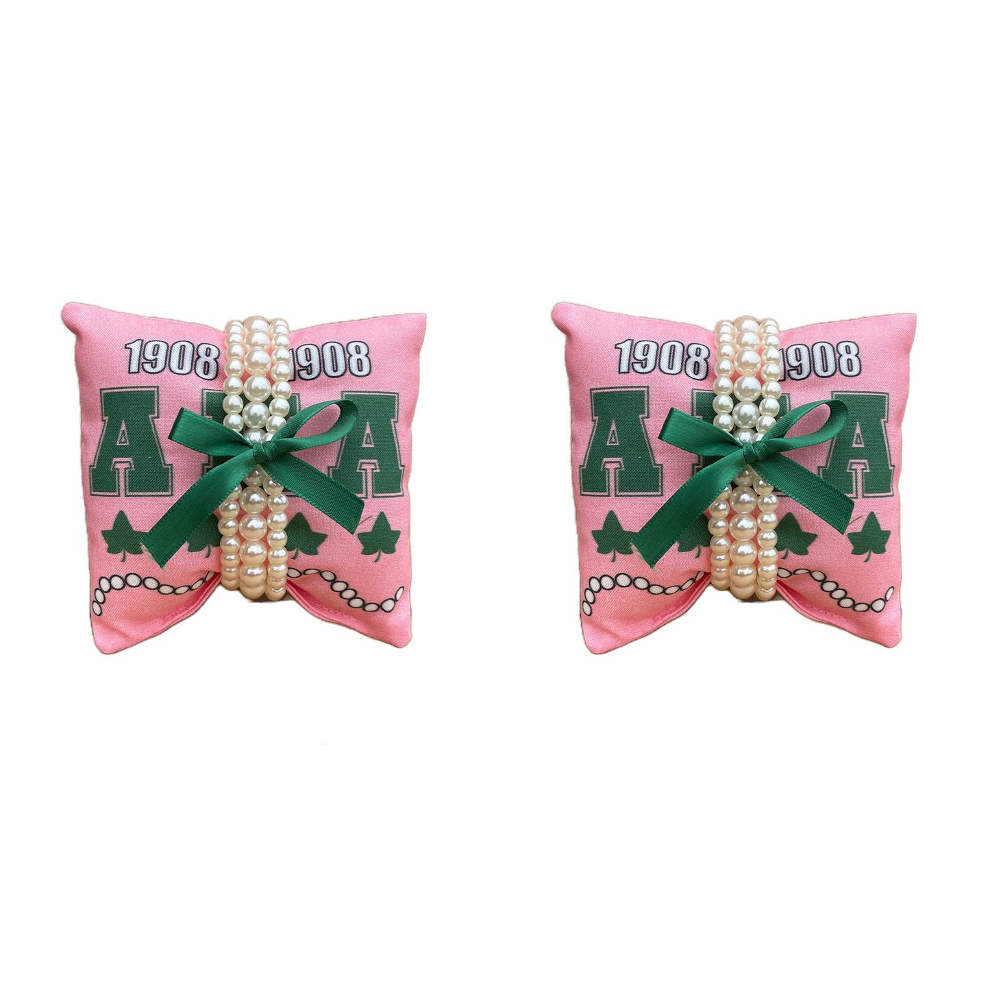 Alpha Kappa Alpha AKA Sorority Gift Pearl Bracelet Sets on Pink and Green Jewelry Pillow (4in.x4in.)