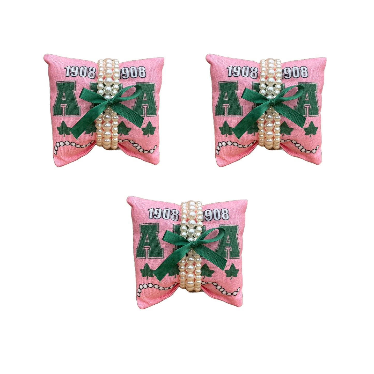 Alpha Kappa Alpha AKA Sorority Gift Pearl Bracelet Sets on Pink and Green Jewelry Pillow (4in.x4in.)