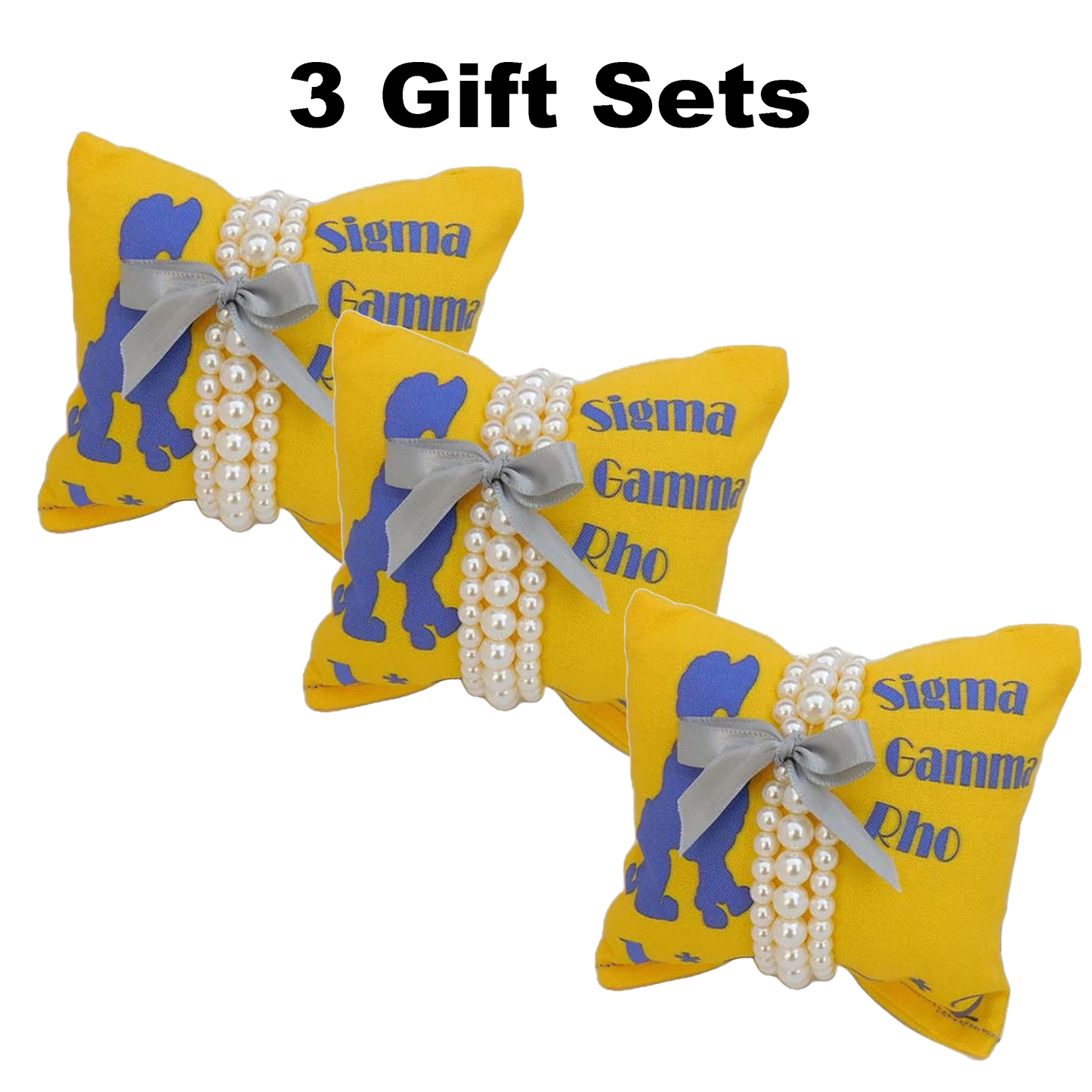 Sigma Gamma Rho Sorority Gift Pearl Bracelet Sets on Blue and Gold Jewelry Pillow (4in.x4in.)