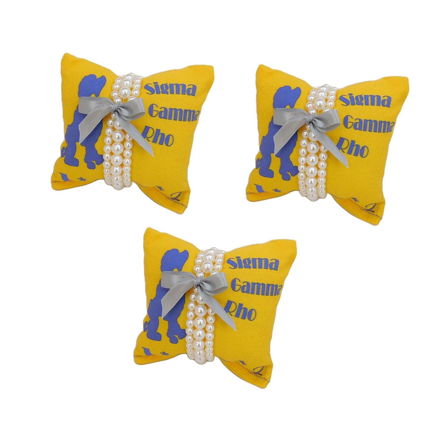 Sigma Gamma Rho Sorority Gift Pearl Bracelet Sets on Blue and Gold Jewelry Pillow (4in.x4in.)