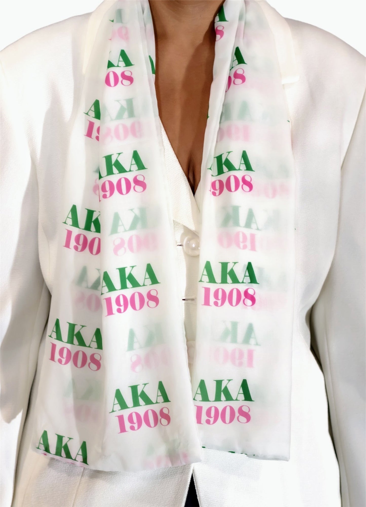 Alpha Kappa Alpha Sorority Pink and Green Scarf Lightweight Chiffon 48in x 8in - White