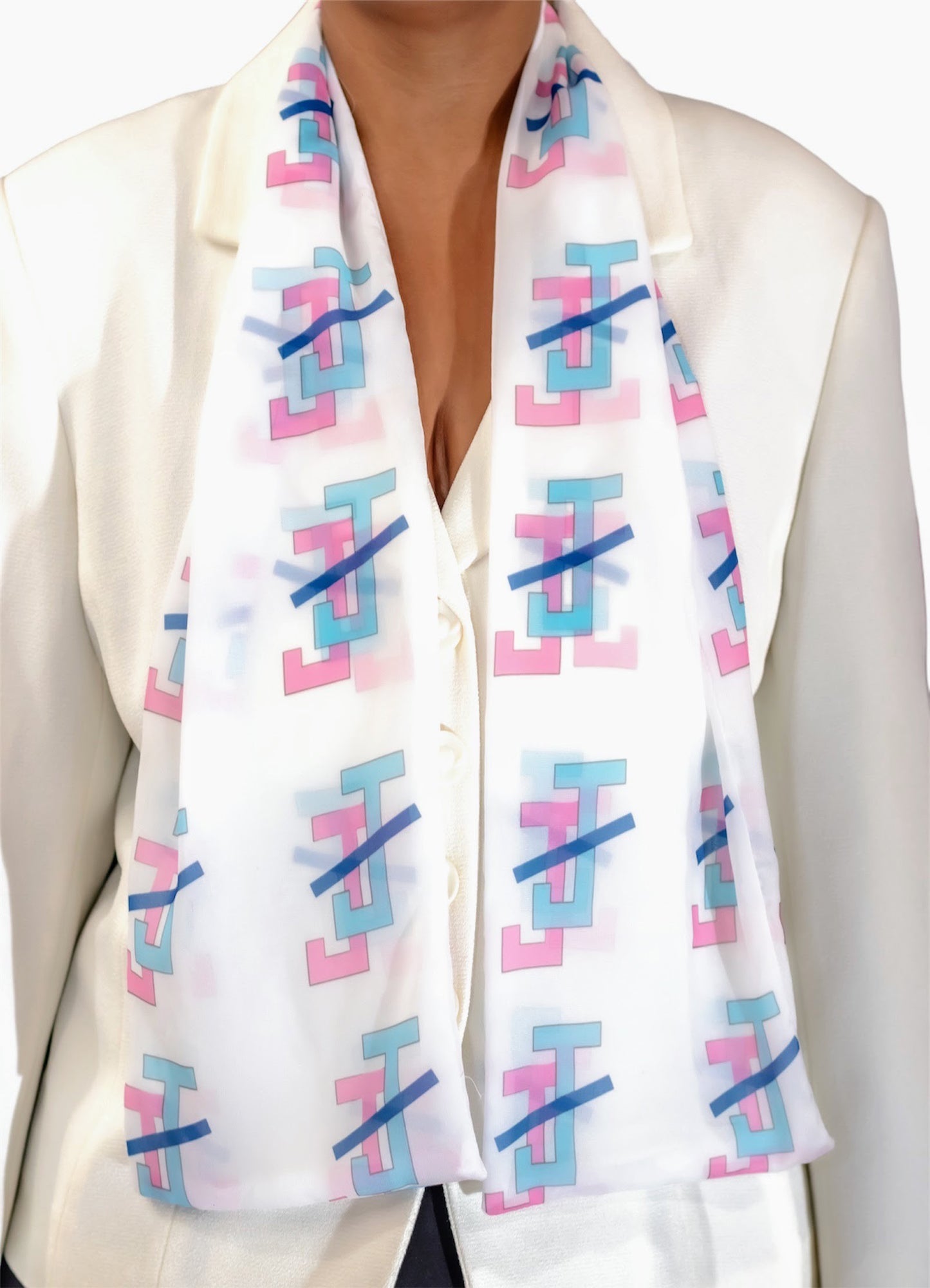 Jack and Jill of America Pink and Blue Scarf Lightweight Chiffon 48in x 8in - White