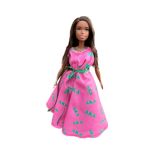 Alpha Kappa Alpha Sorority Barbie w/ Doll Stand_Print AKA Dress (12in. Tall)