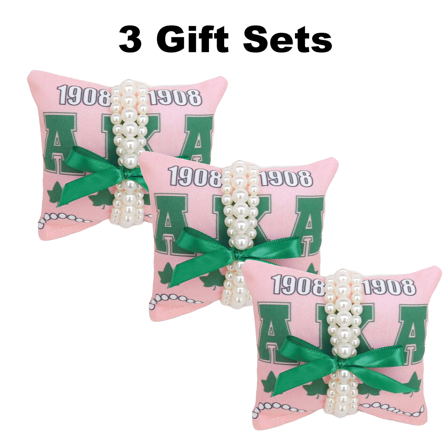 Alpha Kappa Alpha AKA Sorority Gift Pearl Bracelet Sets on Pink and Green Jewelry Pillow (4in.x4in.)