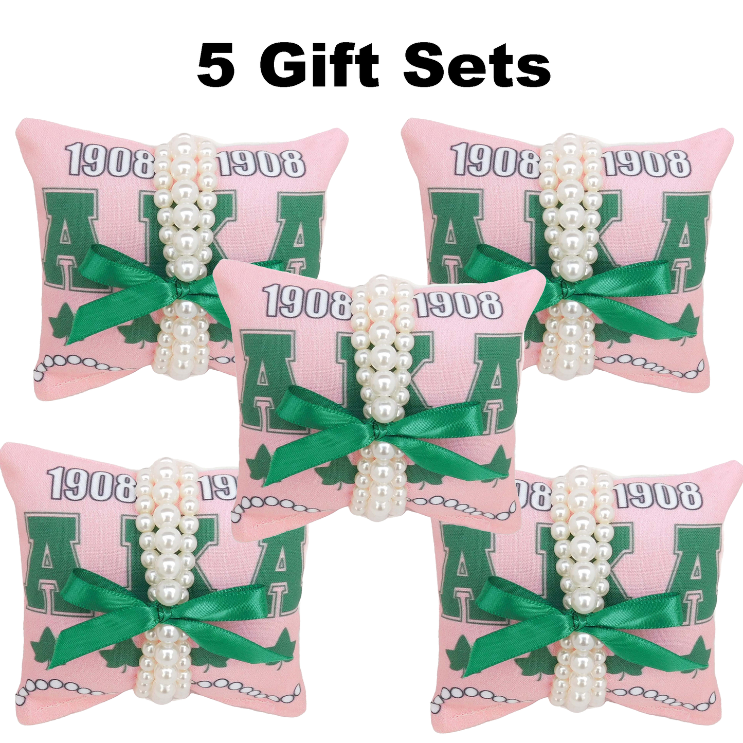 Alpha Kappa Alpha AKA Sorority Gift Pearl Bracelet Sets on Pink and Green Jewelry Pillow (4in.x4in.)