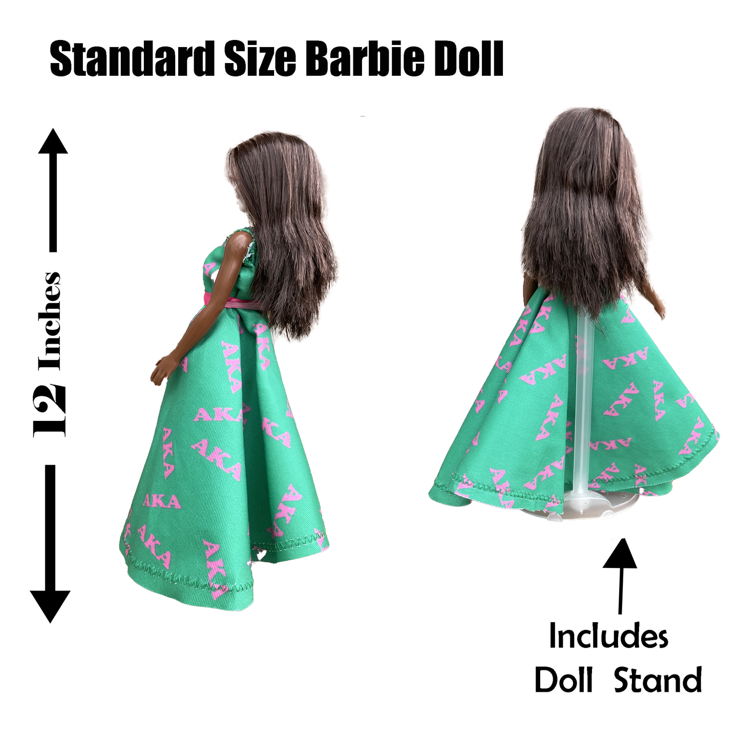 Alpha Kappa Alpha Sorority Barbie w/ Doll Stand_Print AKA Dress (12in. Tall)