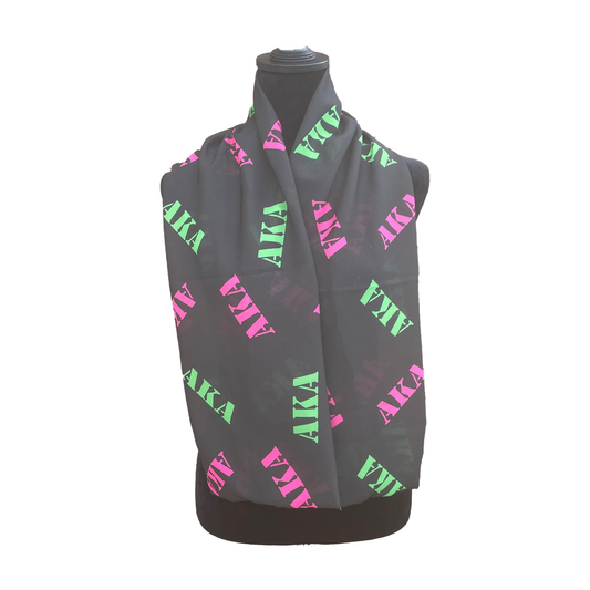 Alpha Kappa Alpha Sorority Pink and Green Scarf Lightweight Chiffon 48in x 8in - Black Letters