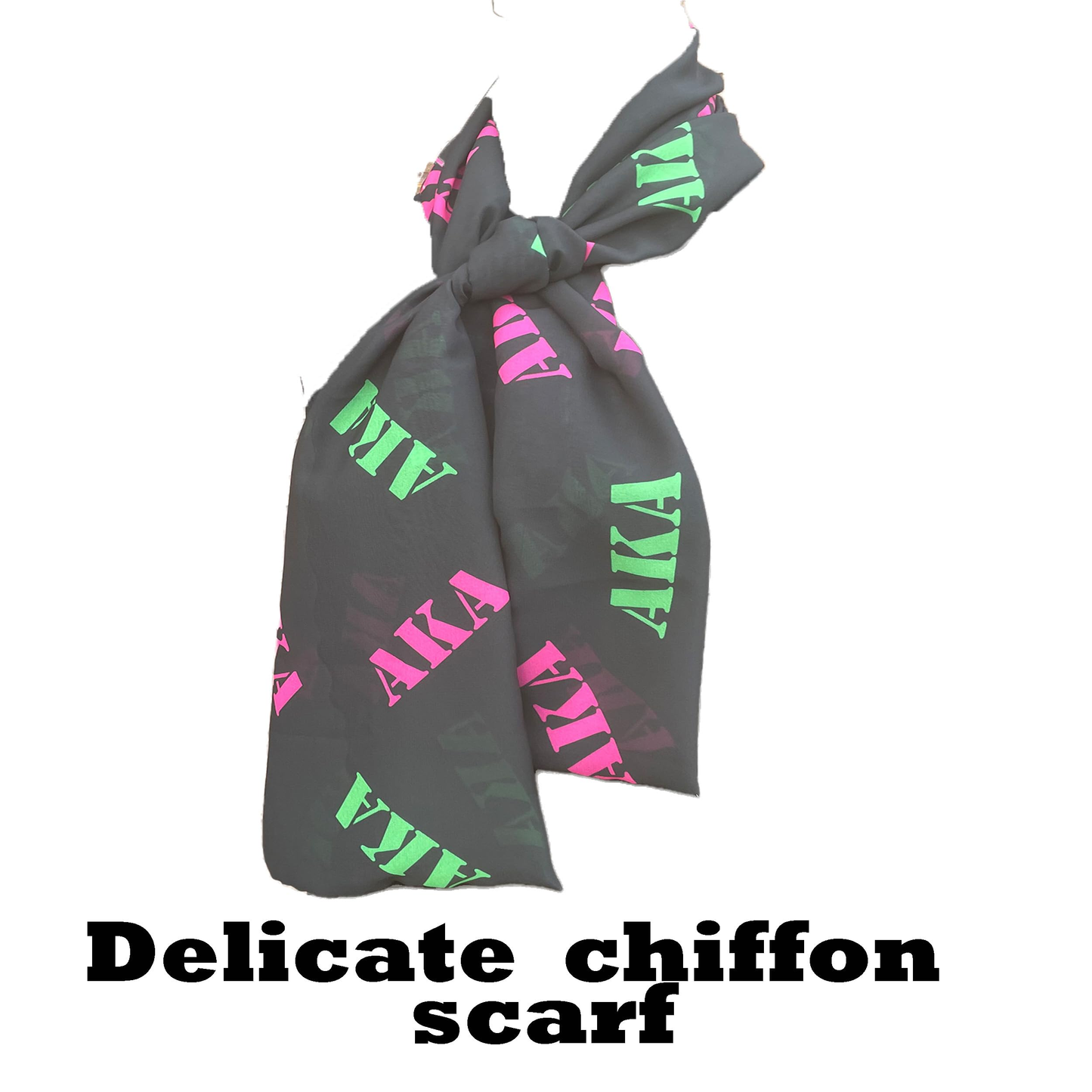 Alpha Kappa Alpha Sorority Pink and Green Scarf Lightweight Chiffon 48in x 8in - Black Letters