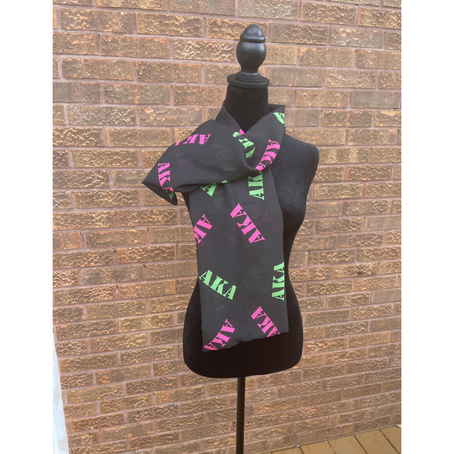 Alpha Kappa Alpha Sorority Pink and Green Scarf Lightweight Chiffon 48in x 8in - Black Letters
