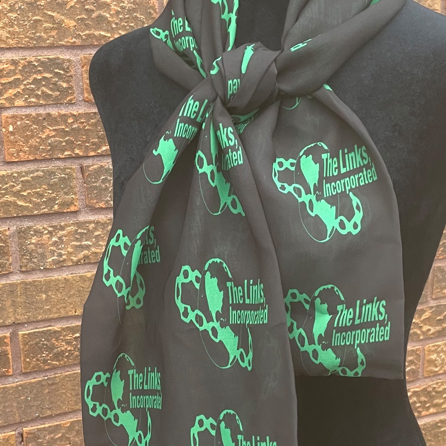 The Links Green and White Scarf Lightweight Chiffon 48in x 8in - Black