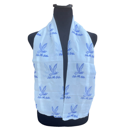 Zeta Phi Beta Sorority Blue and White Scarf Lightweight Chiffon 48in x 8in - White