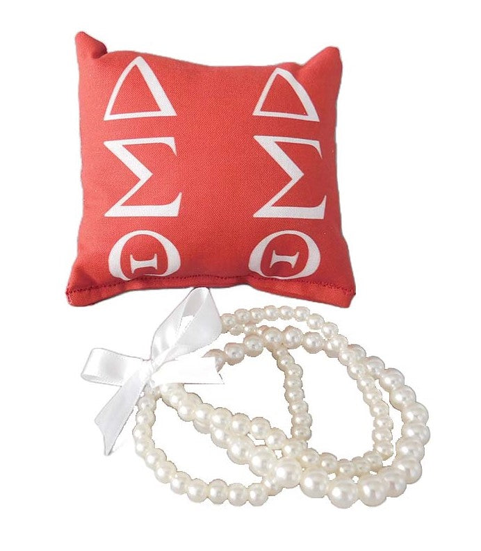 Delta Sigma Theta Sorority Gift Pearl Bracelet Sets on Red and White Jewelry Pillow (4in.x4in.)