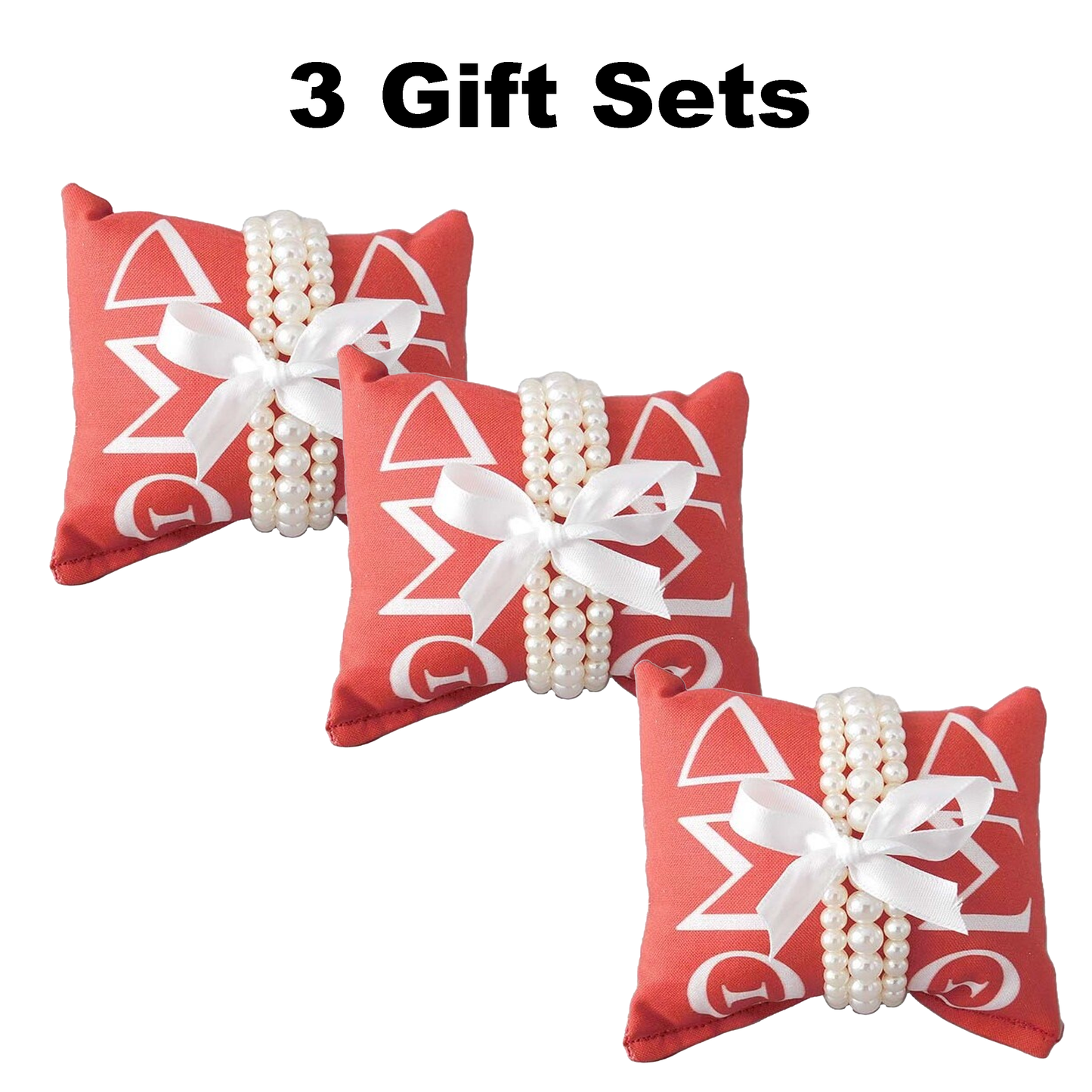 Delta Sigma Theta Sorority Gift Pearl Bracelet Sets on Red and White Jewelry Pillow (4in.x4in.)