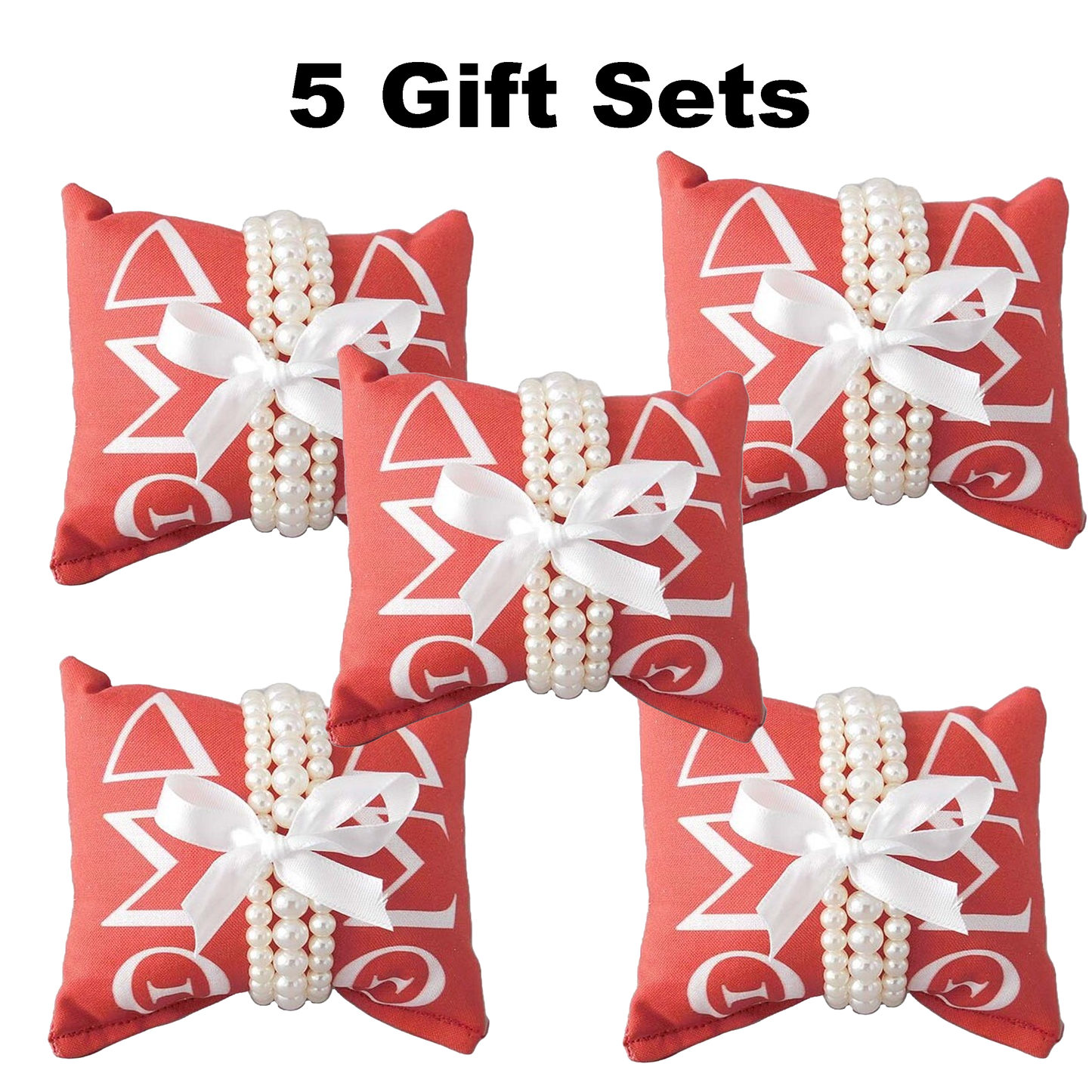 Delta Sigma Theta Sorority Gift Pearl Bracelet Sets on Red and White Jewelry Pillow (4in.x4in.)