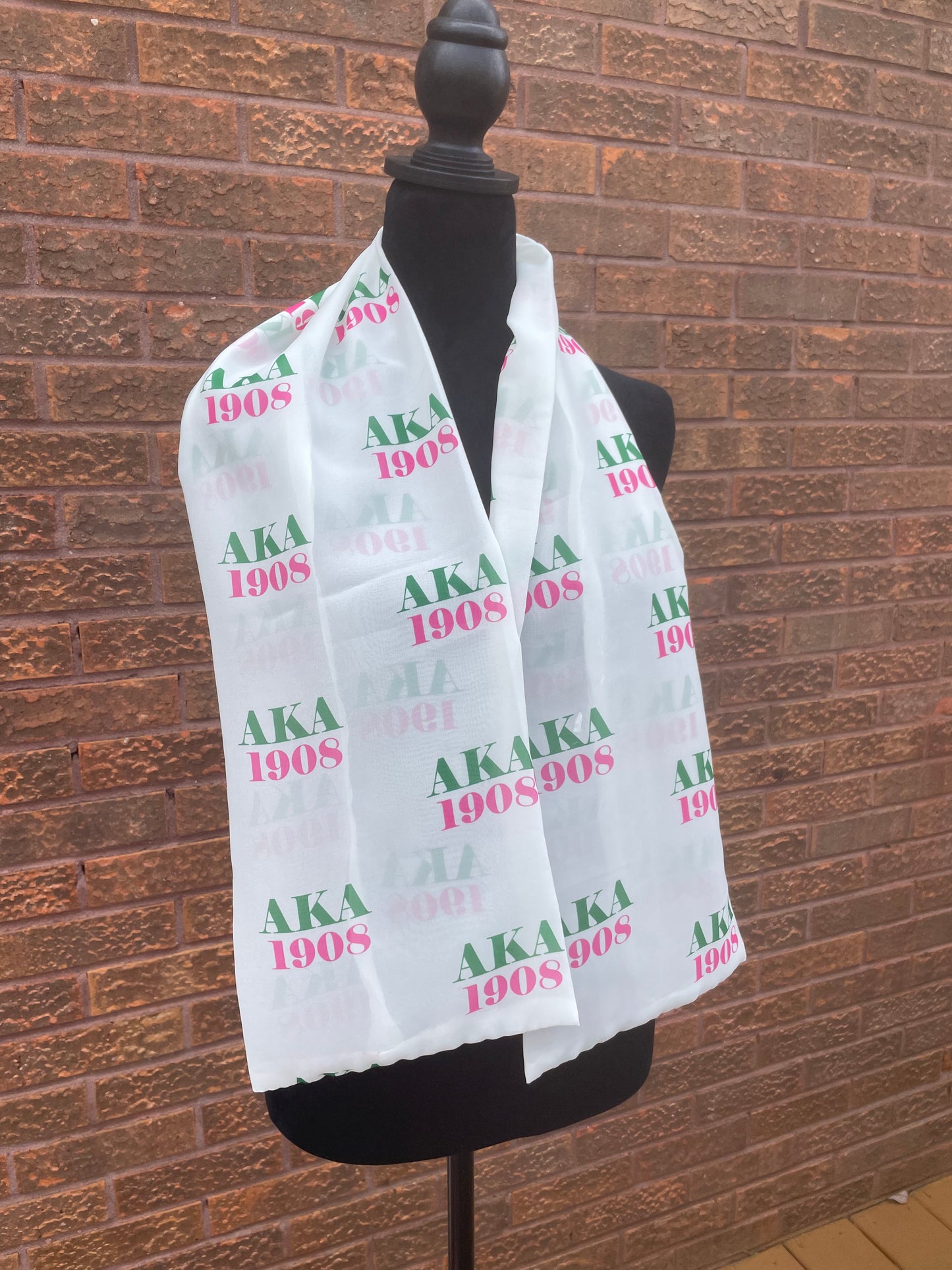 Alpha Kappa Alpha Sorority Pink and Green Scarf Lightweight Chiffon 48in x 8in - White