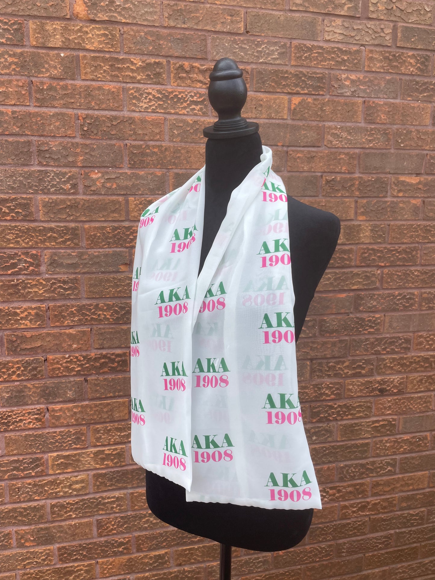 Alpha Kappa Alpha Sorority Pink and Green Scarf Lightweight Chiffon 48in x 8in - White