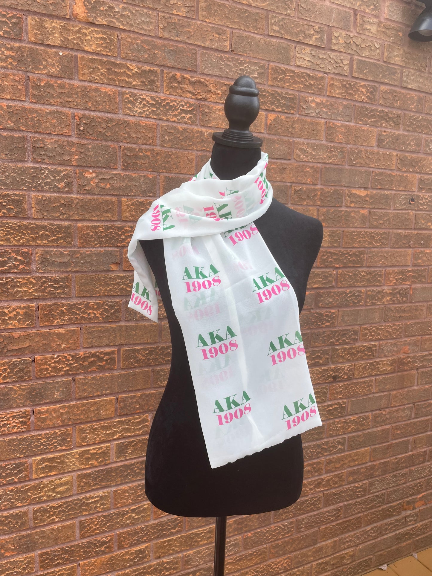 Alpha Kappa Alpha Sorority Pink and Green Scarf Lightweight Chiffon 48in x 8in - White