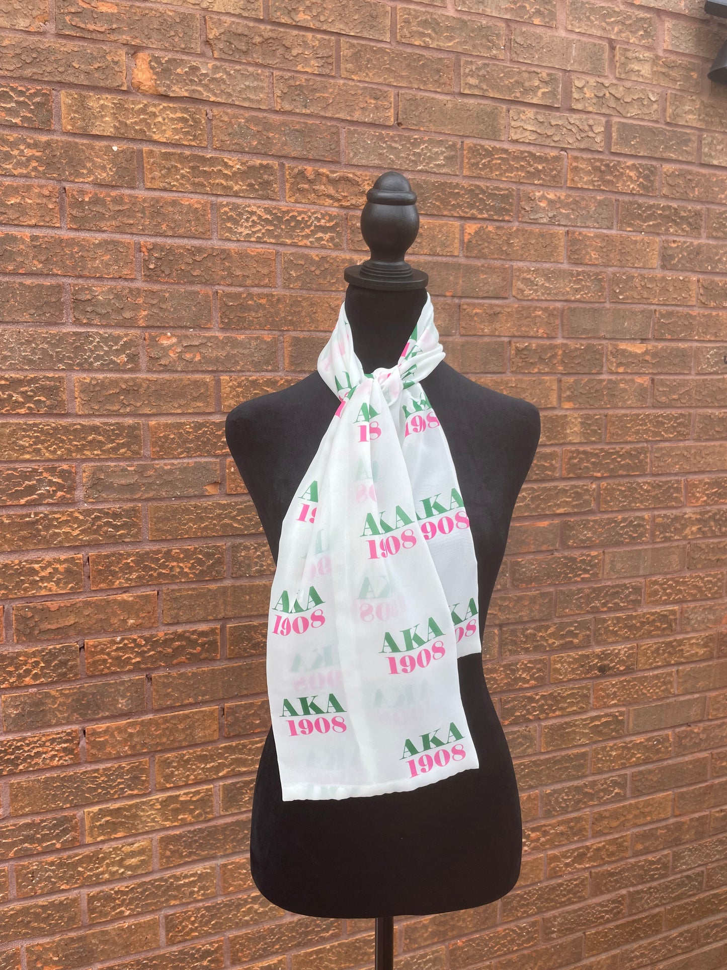 Alpha Kappa Alpha Sorority Pink and Green Scarf Lightweight Chiffon 48in x 8in - White