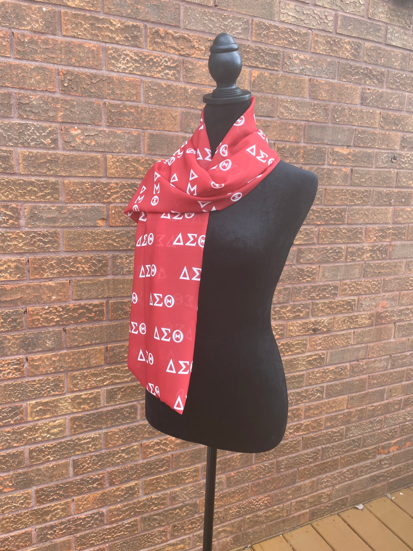 Delta Sigma Theta Sorority Red and White Scarf Lightweight Chiffon 48in x 8in - Greek Letters