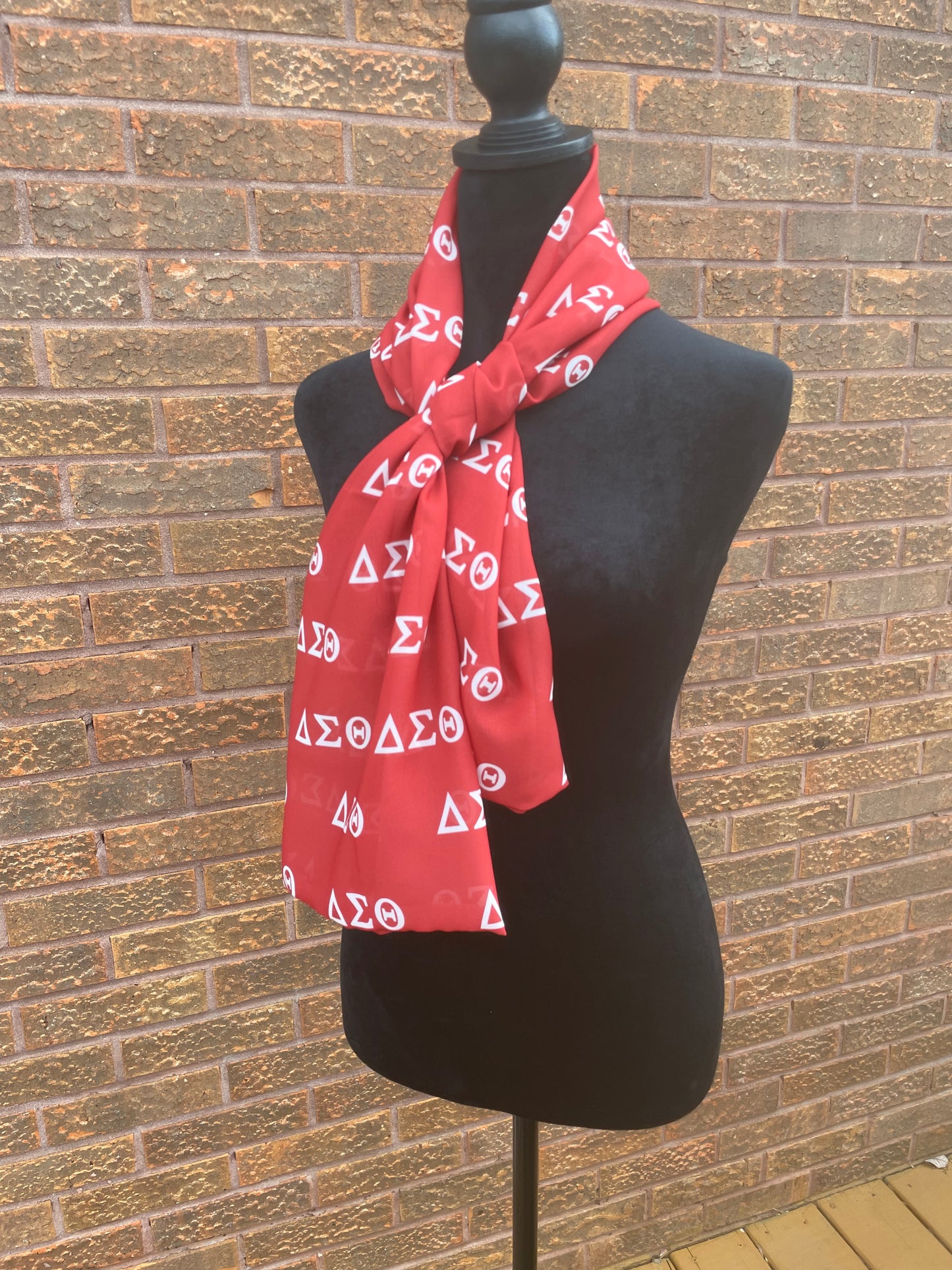 Delta Sigma Theta Sorority Red and White Scarf Lightweight Chiffon 48in x 8in - Greek Letters