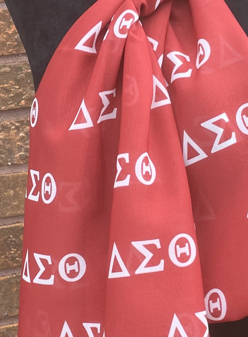 Delta Sigma Theta Sorority Red and White Scarf Lightweight Chiffon 48in x 8in - Greek Letters