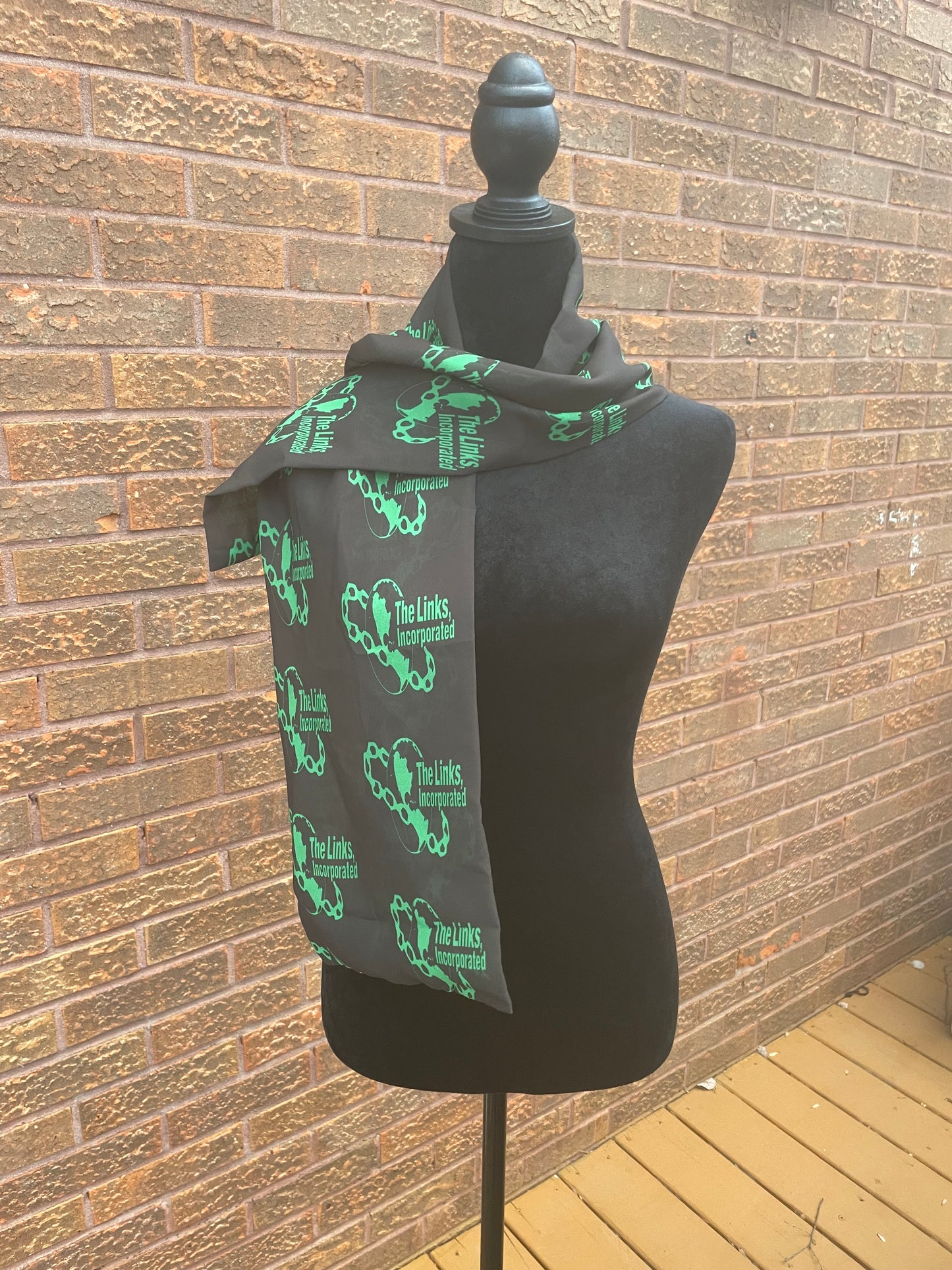 The Links Green and White Scarf Lightweight Chiffon 48in x 8in - Black