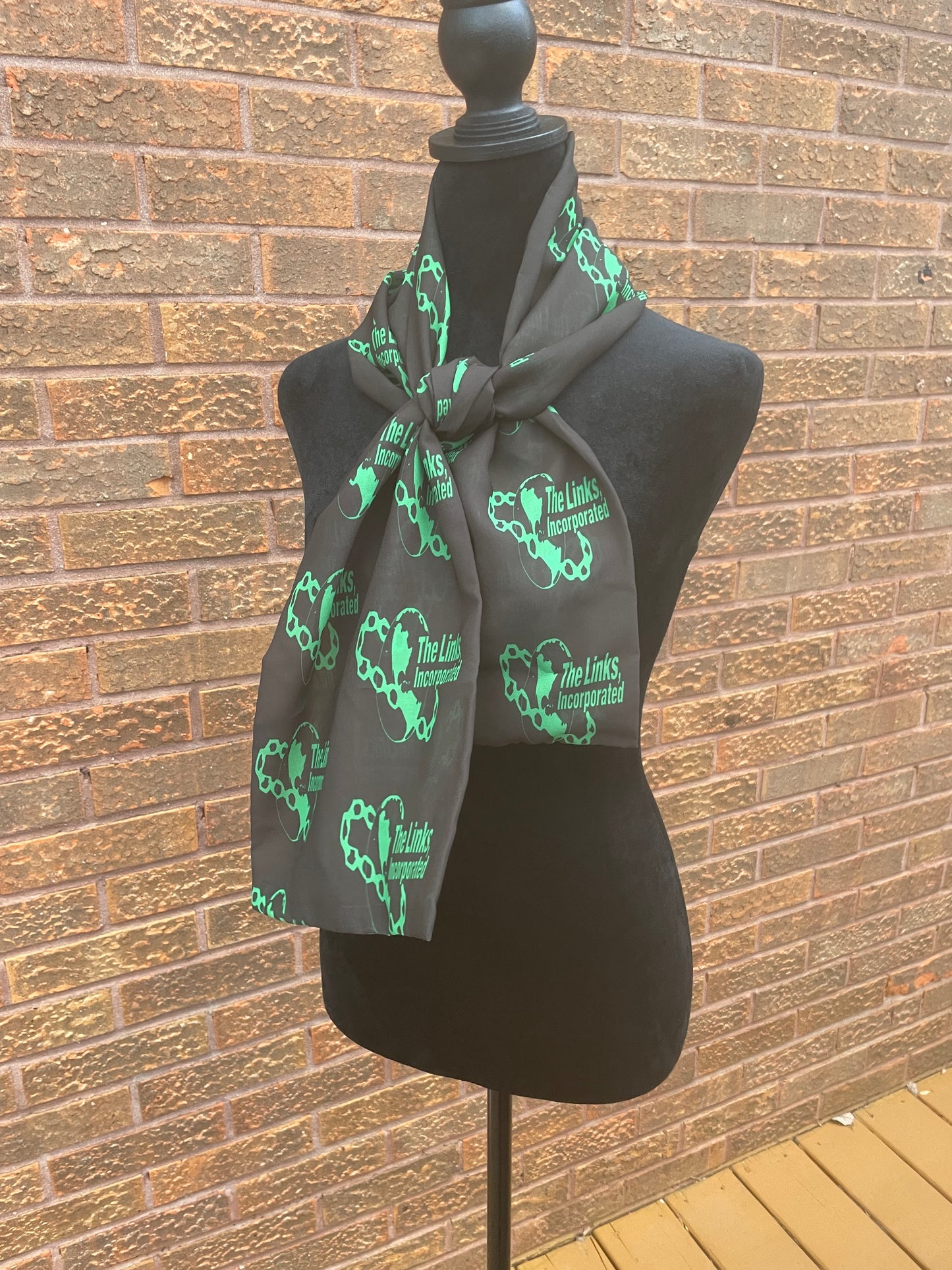 The Links Green and White Scarf Lightweight Chiffon 48in x 8in - Black