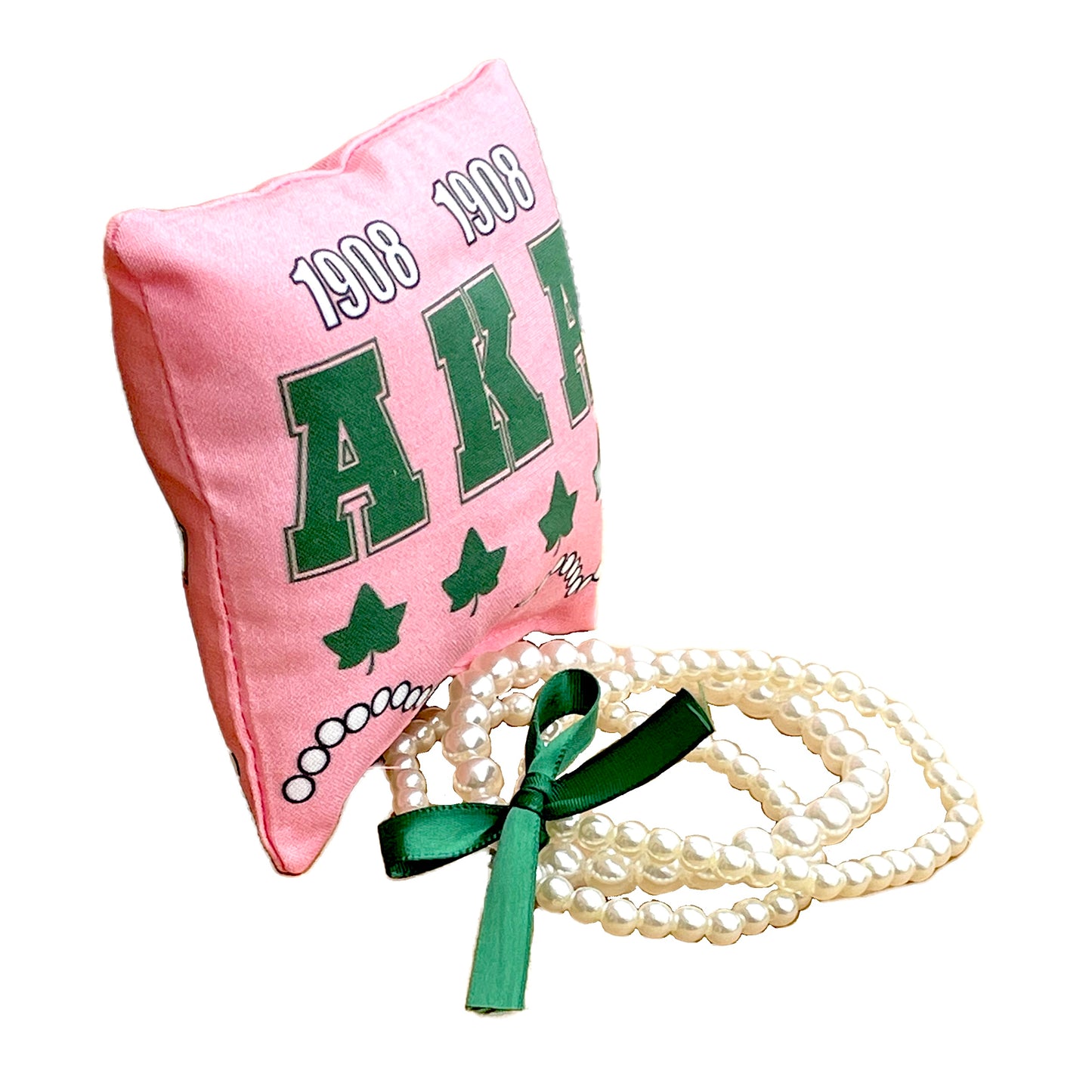 Alpha Kappa Alpha AKA Sorority Gift Pearl Bracelet Sets on Pink and Green Jewelry Pillow (4in.x4in.)