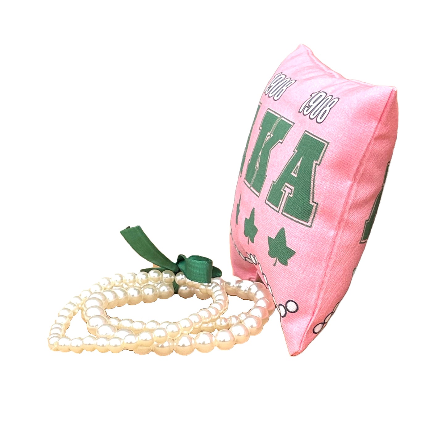 Alpha Kappa Alpha AKA Sorority Gift Pearl Bracelet Sets on Pink and Green Jewelry Pillow (4in.x4in.)