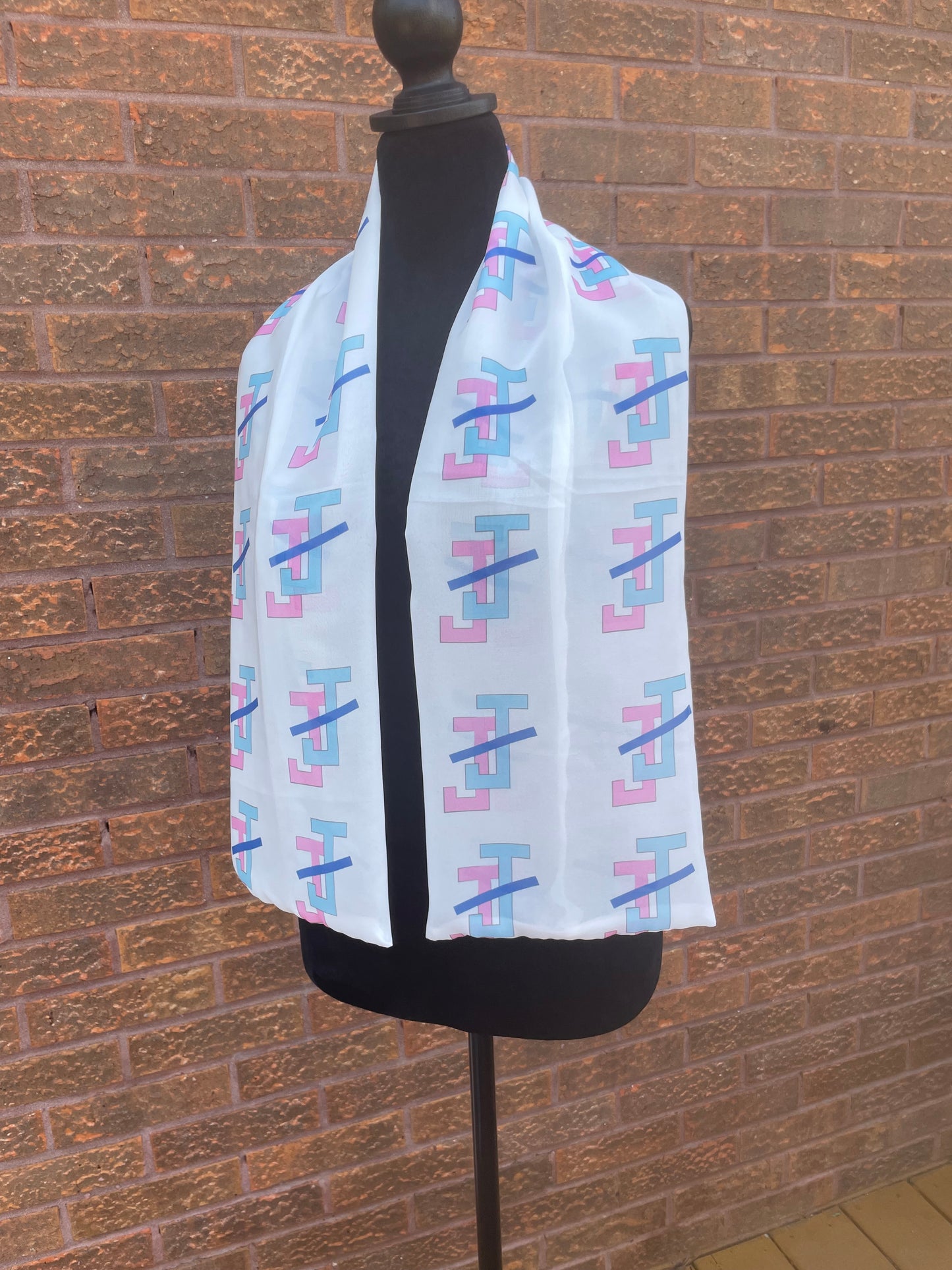 Jack and Jill of America Pink and Blue Scarf Lightweight Chiffon 48in x 8in - White