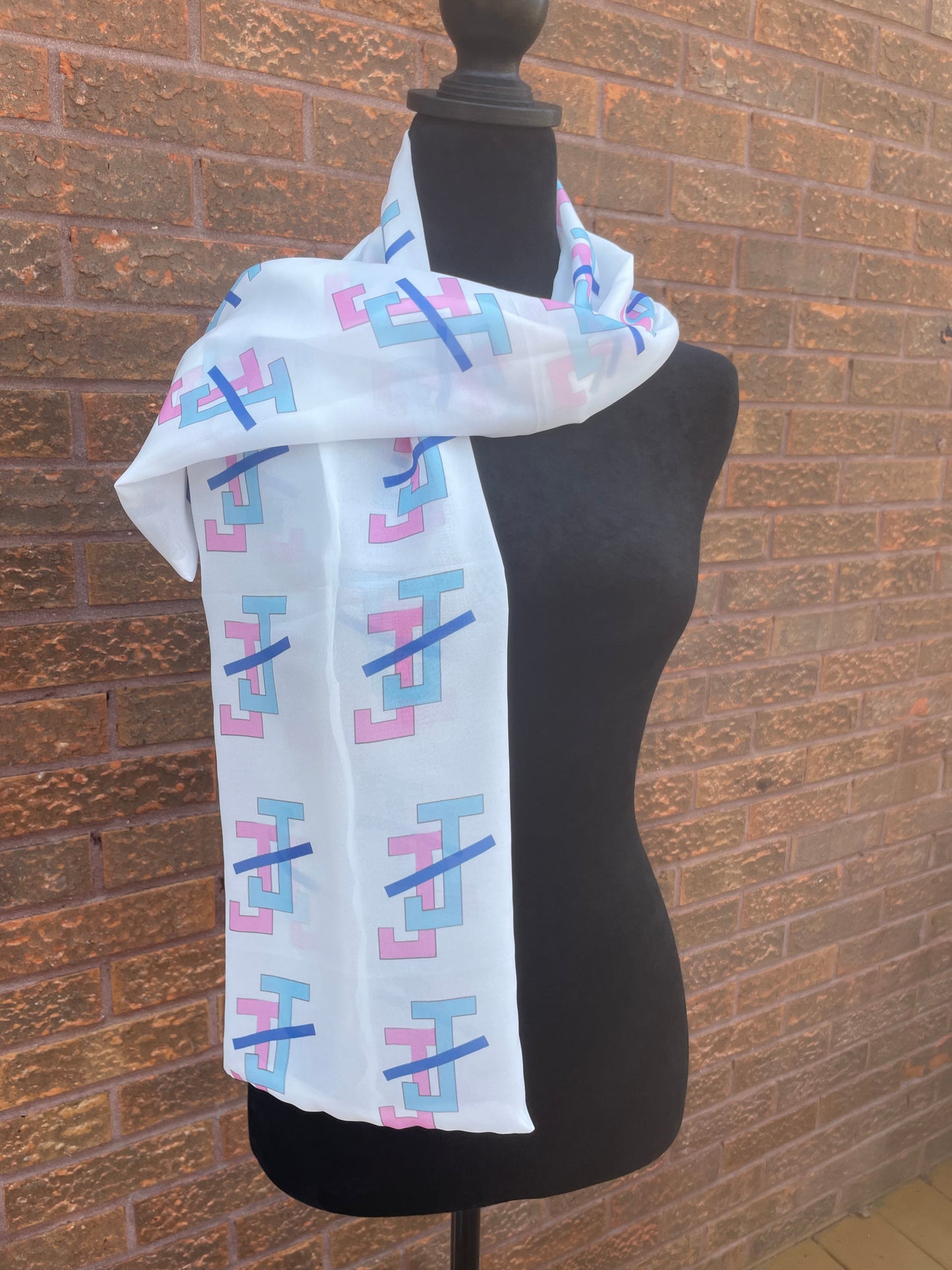 Jack and Jill of America Pink and Blue Scarf Lightweight Chiffon 48in x 8in - White