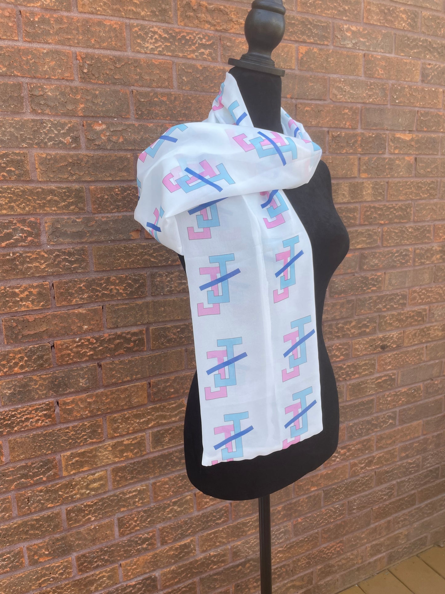 Jack and Jill of America Pink and Blue Scarf Lightweight Chiffon 48in x 8in - White