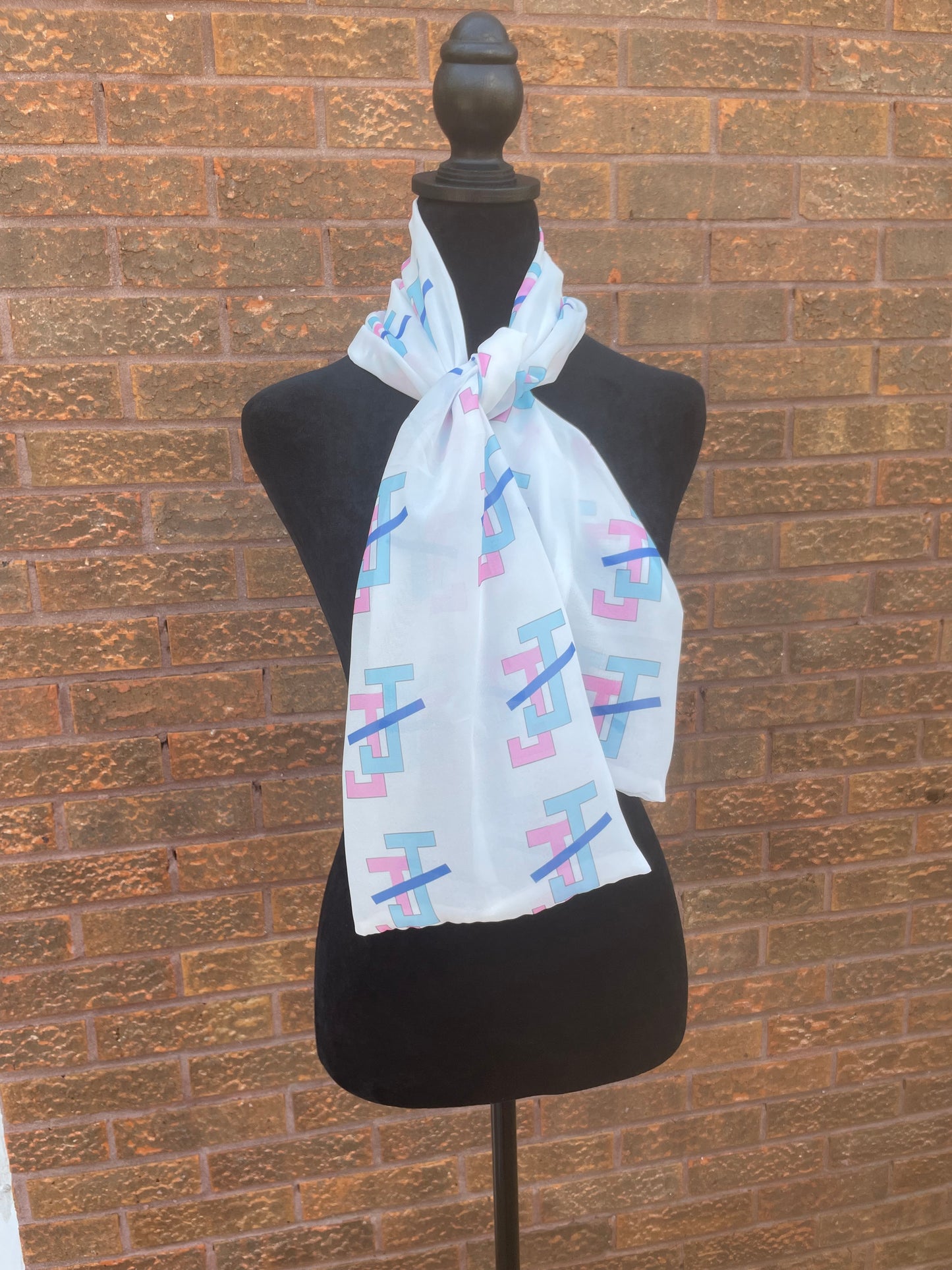 Jack and Jill of America Pink and Blue Scarf Lightweight Chiffon 48in x 8in - White