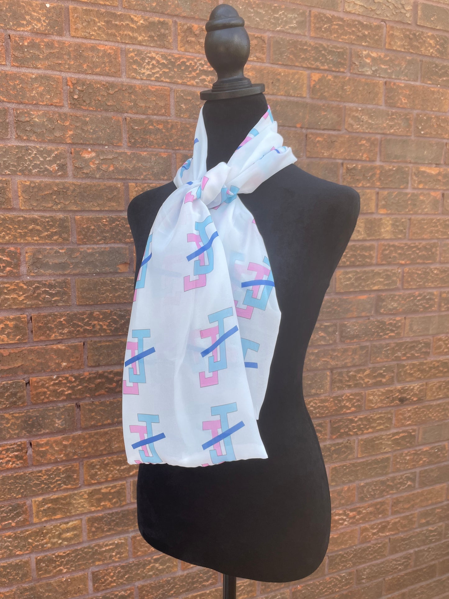 Jack and Jill of America Pink and Blue Scarf Lightweight Chiffon 48in x 8in - White