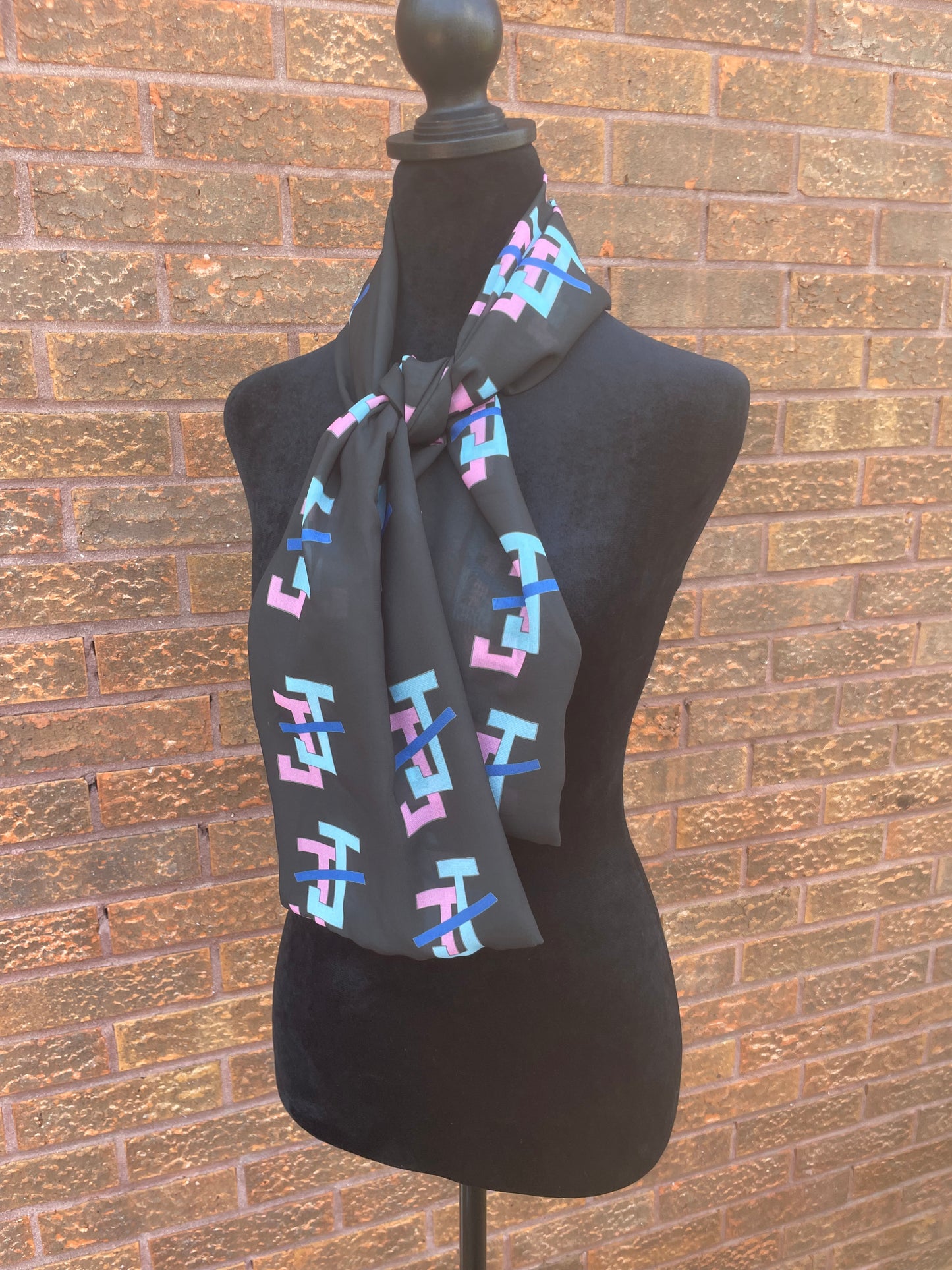 Jack and Jill of America Pink and Blue Scarf Lightweight Chiffon 48in x 8in - Black