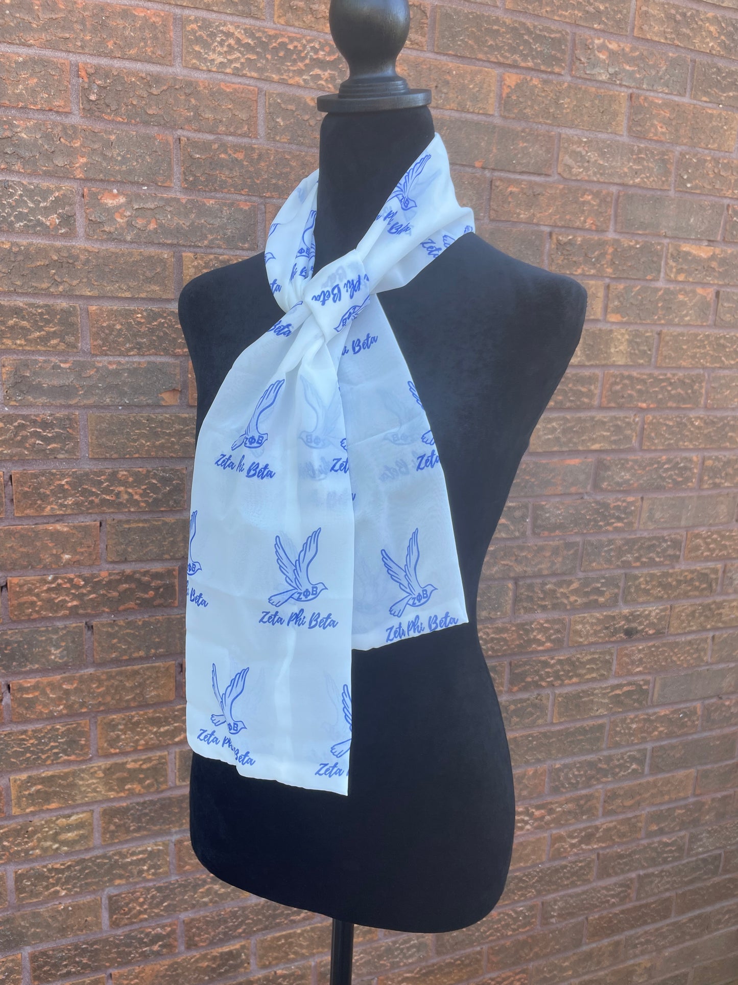 Zeta Phi Beta Sorority Blue and White Scarf Lightweight Chiffon 48in x 8in - White