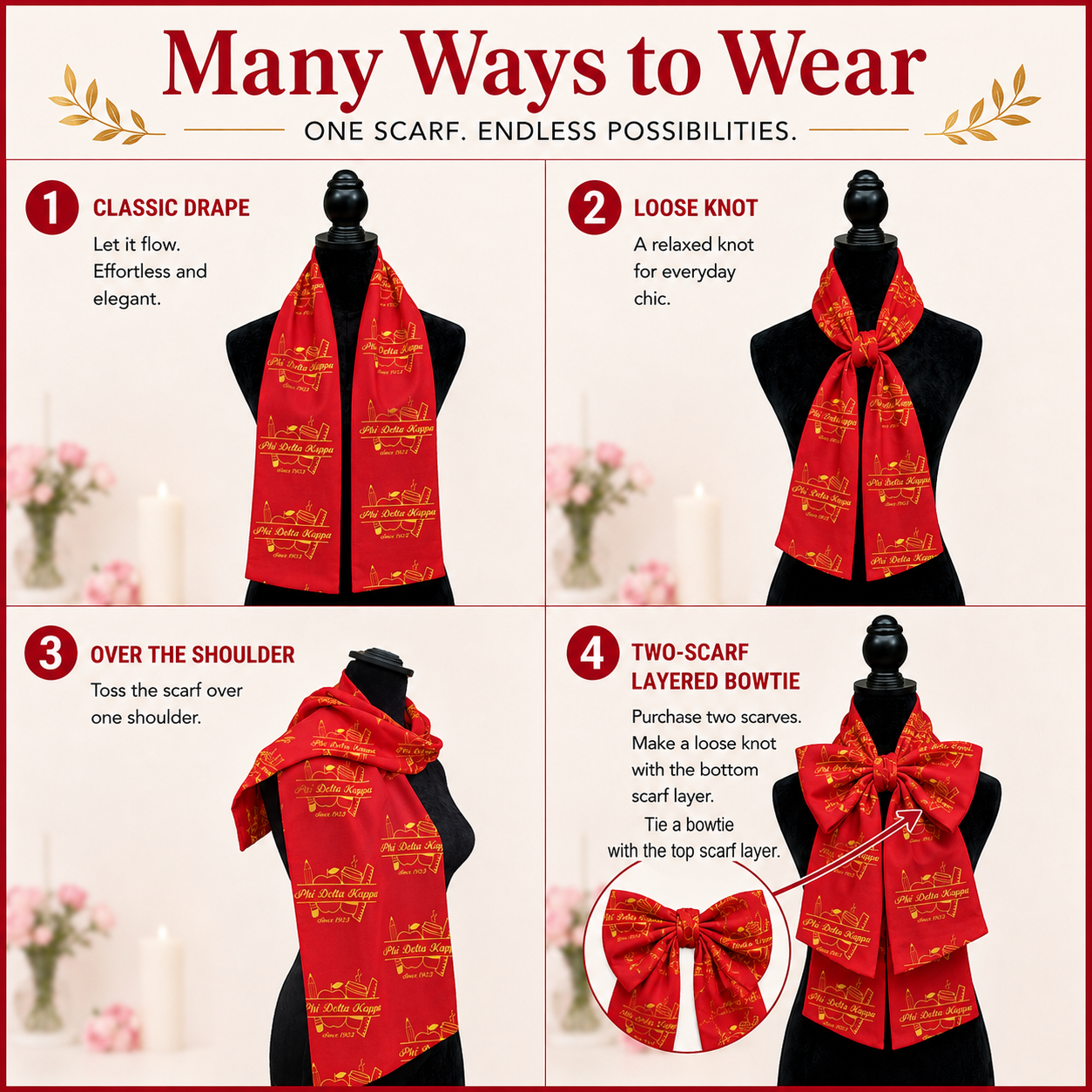 Phi Delta Kappa Scarf Necktie of Lightweight Chiffon 48in x 8in