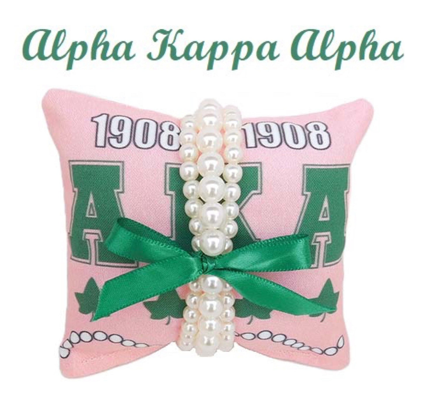 Alpha Kappa Alpha AKA Sorority Gift Pearl Bracelet Sets on Pink and Green Jewelry Pillow (4in.x4in.)