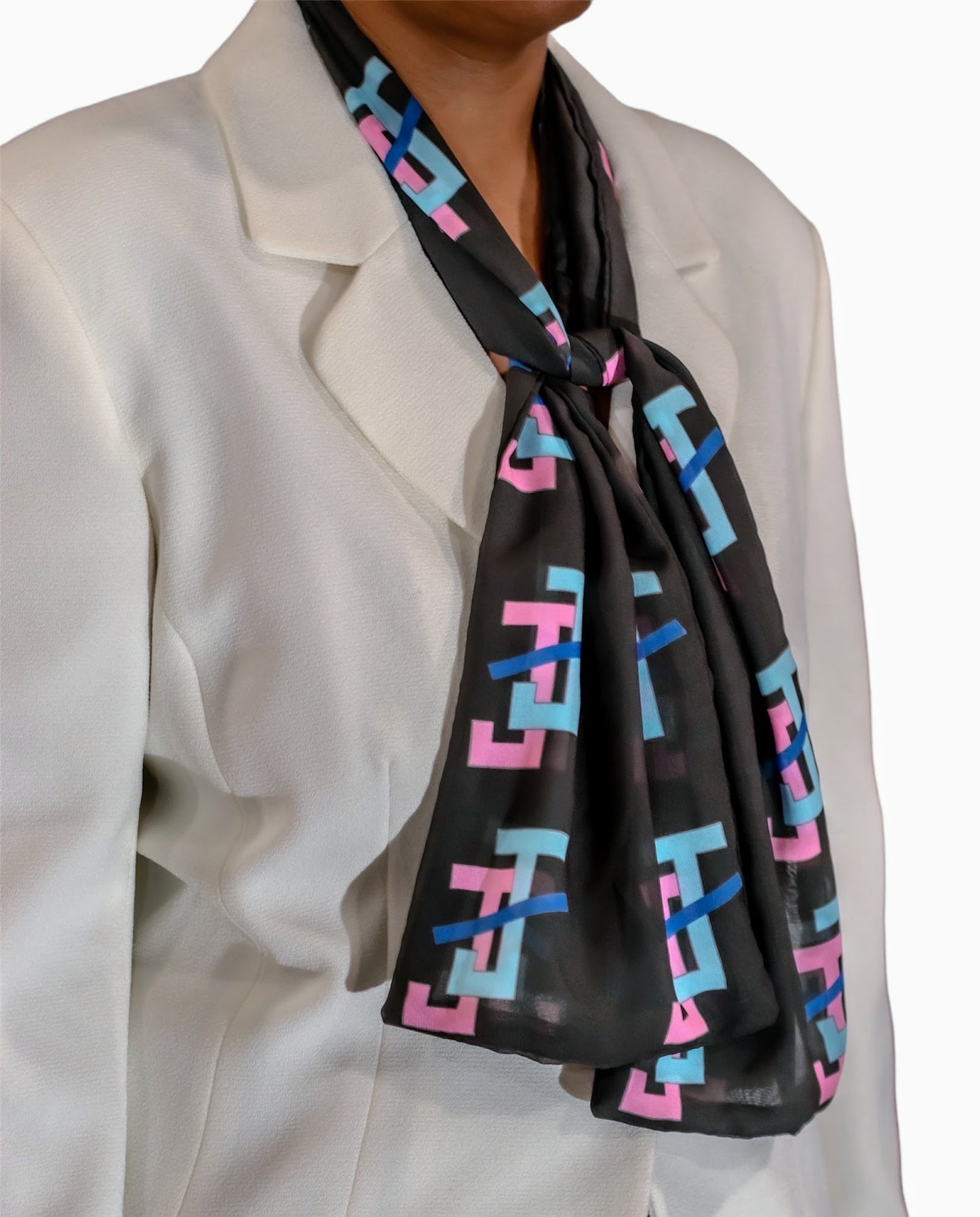 Jack and Jill of America Pink and Blue Scarf Lightweight Chiffon 48in x 8in - Black