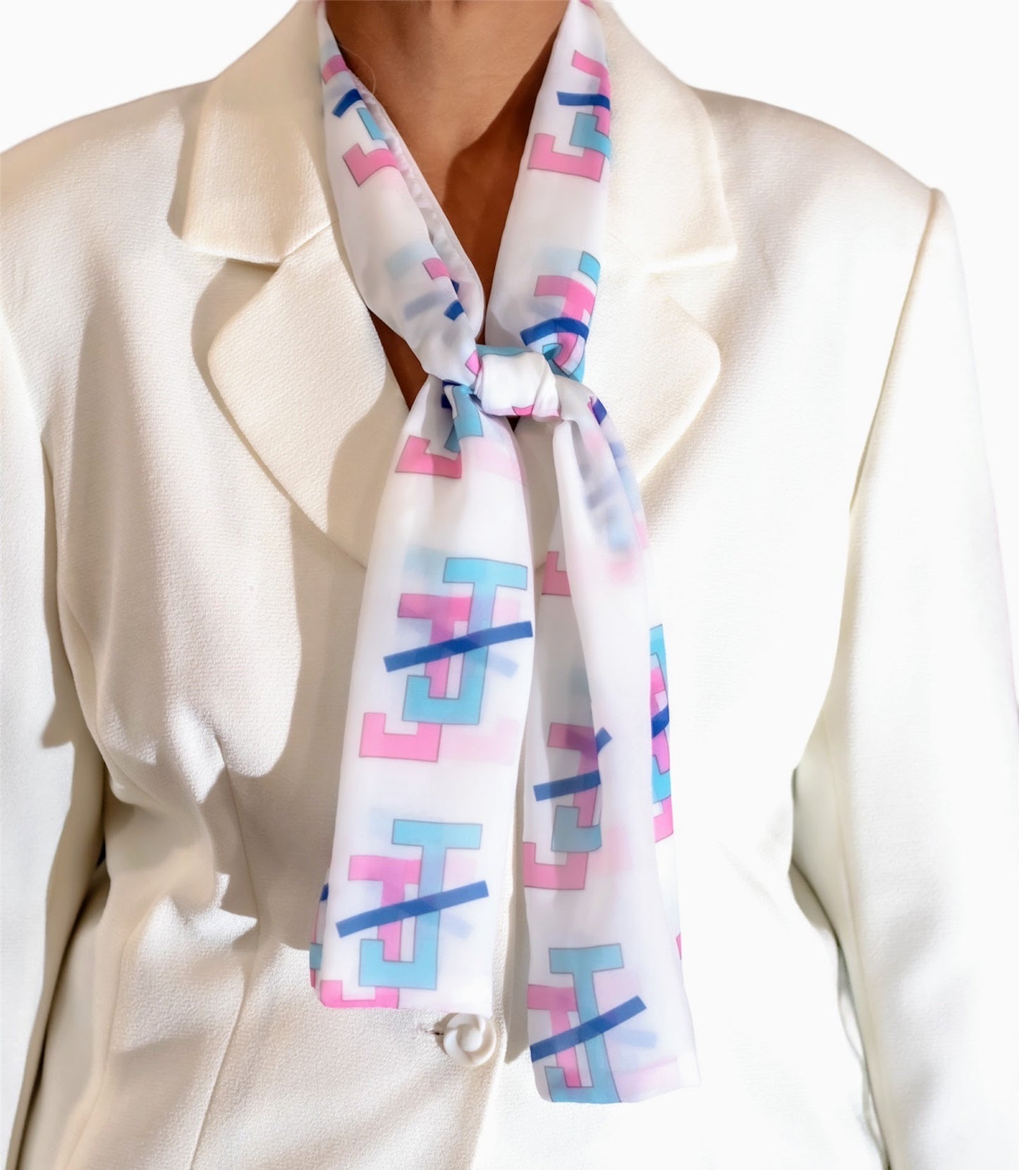 Jack and Jill of America Pink and Blue Scarf Lightweight Chiffon 48in x 8in - White