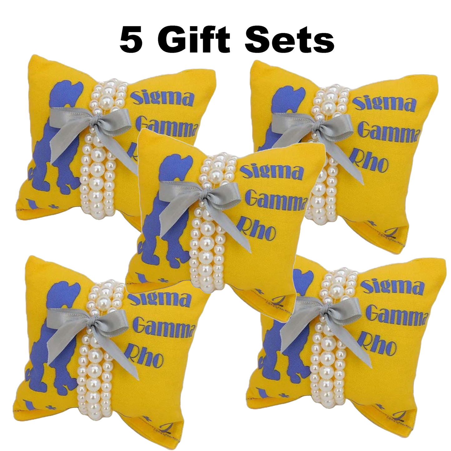 Sigma Gamma Rho Sorority Gift Pearl Bracelet Sets on Blue and Gold Jewelry Pillow (4in.x4in.)