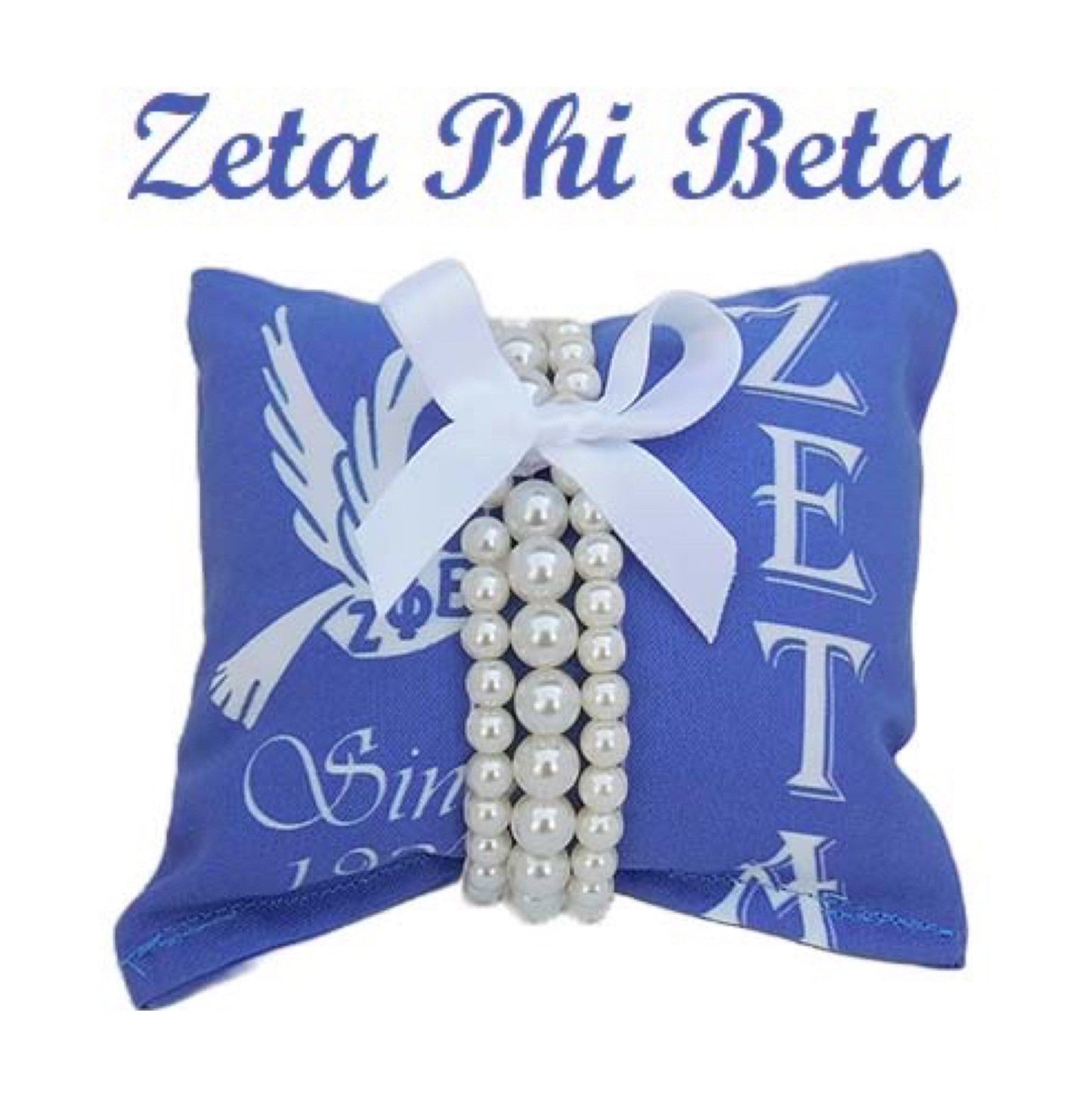 Zeta Phi Beta Sorority Gift Pearl Bracelet Sets on Blue and White Jewelry Pillow (4in.x4in.)