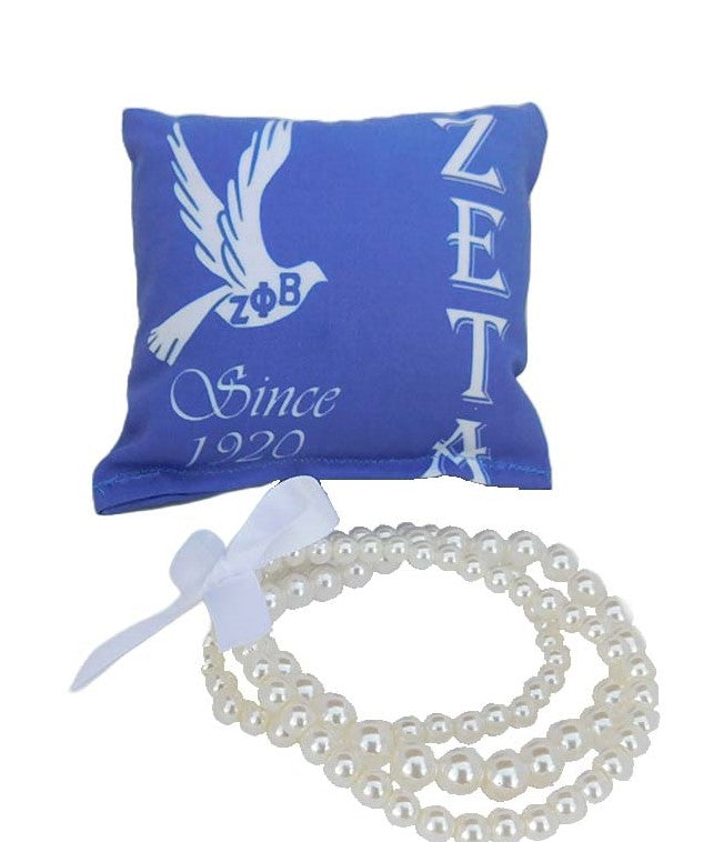 Zeta Phi Beta Sorority Gift Pearl Bracelet Sets on Blue and White Jewelry Pillow (4in.x4in.)