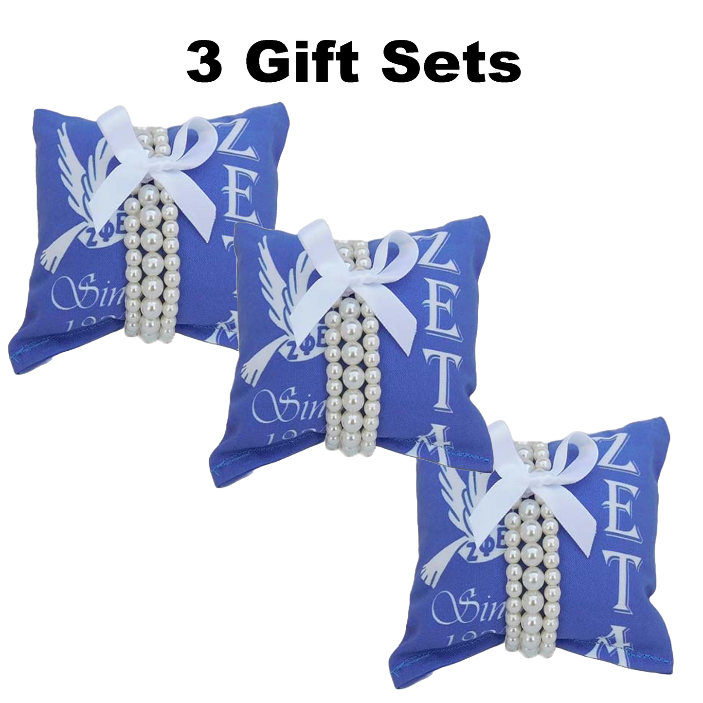 Zeta Phi Beta Sorority Gift Pearl Bracelet Sets on Blue Jewelry Pillow (4in.x4in.)