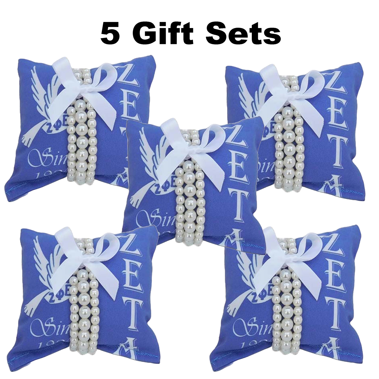 Zeta Phi Beta Sorority Gift Pearl Bracelet Sets on Blue Jewelry Pillow (4in.x4in.)